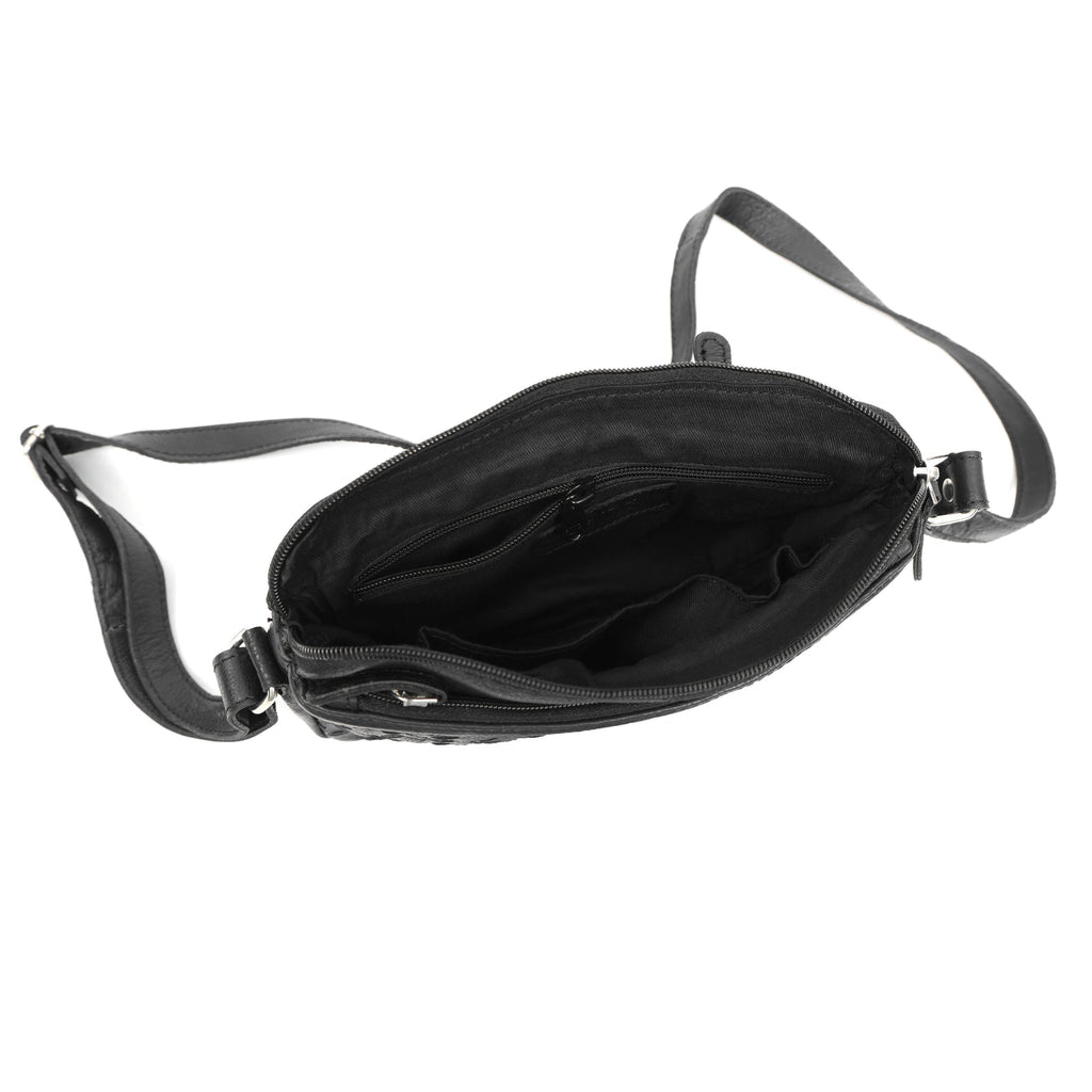 Premium Black Handwoven Leather Crossbody Bag with Adjustable Strap & Zip Compartments