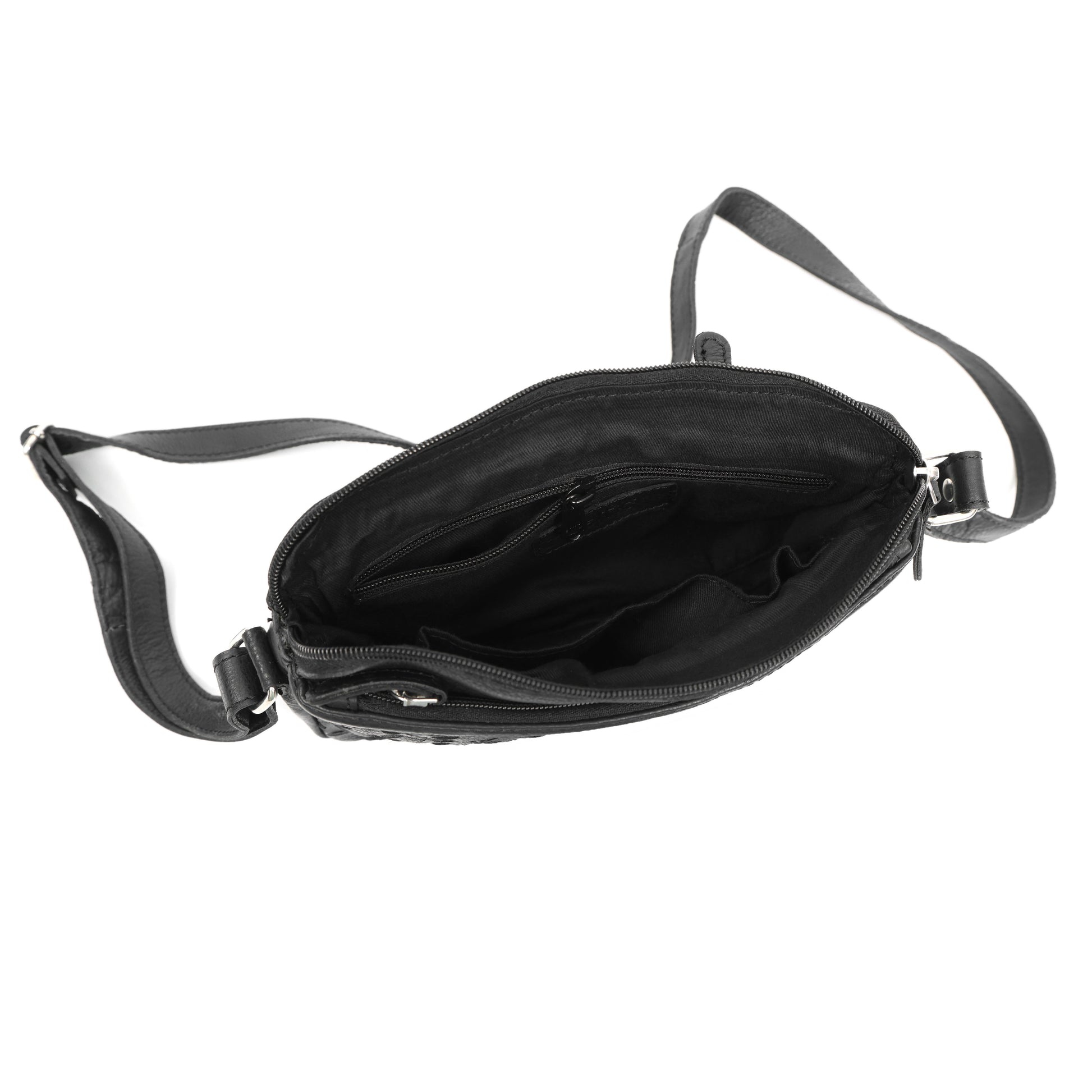Premium Black Handwoven Leather Crossbody Bag with Adjustable Strap & Zip Compartments