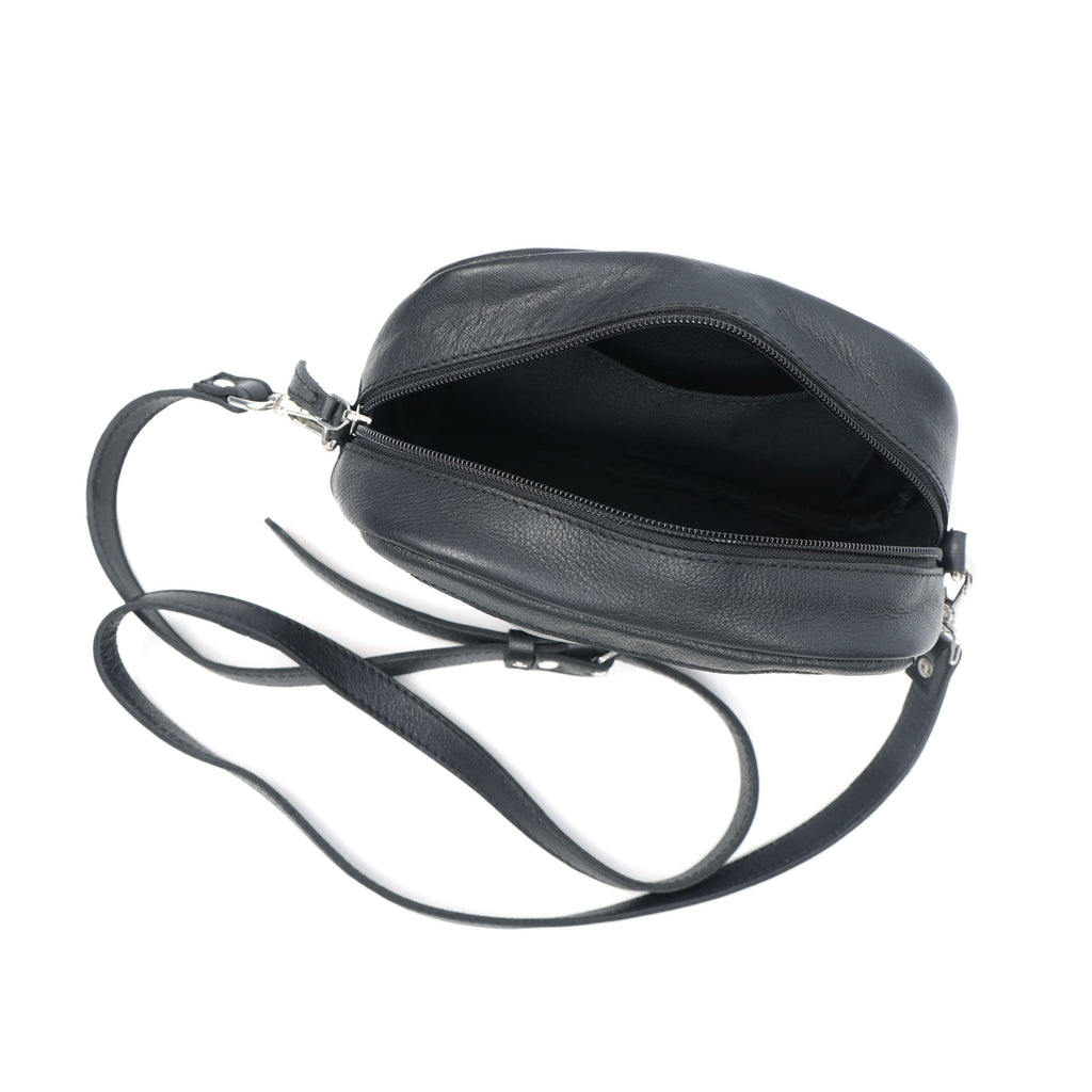 Premium Black Leather Compact Crossbody Bag with Adjustable Strap & Zip Compartments