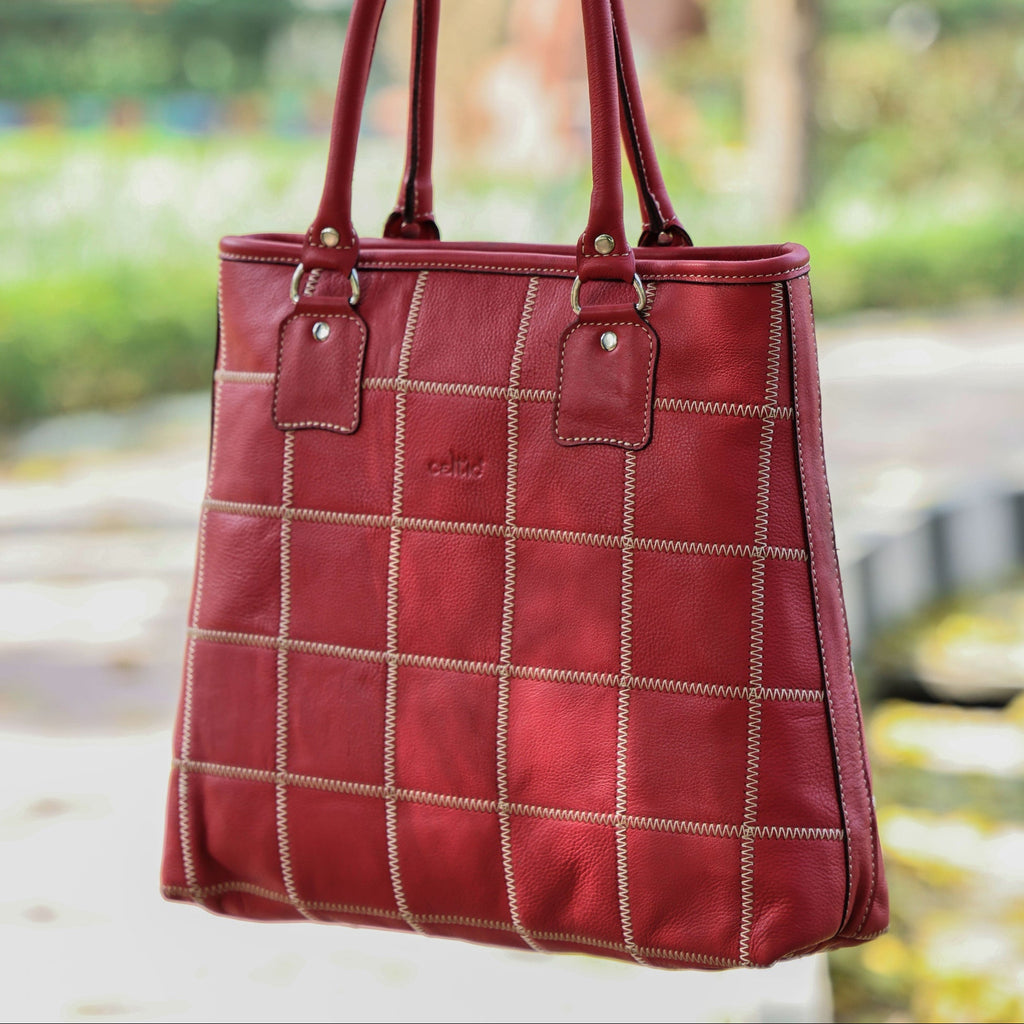 Genuine Leather Red Tote Bag with Check Stitch Design and Zip Closure