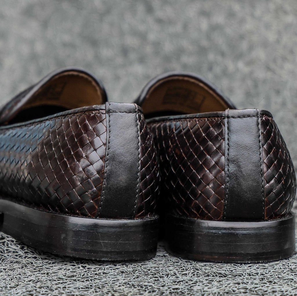 Mens Handwoven Genuine Leather Penny Loafers  Dark Brown Formal Slip-On Shoes