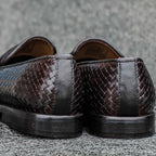 Mens Handwoven Genuine Leather Penny Loafers  Dark Brown Formal Slip-On Shoes
