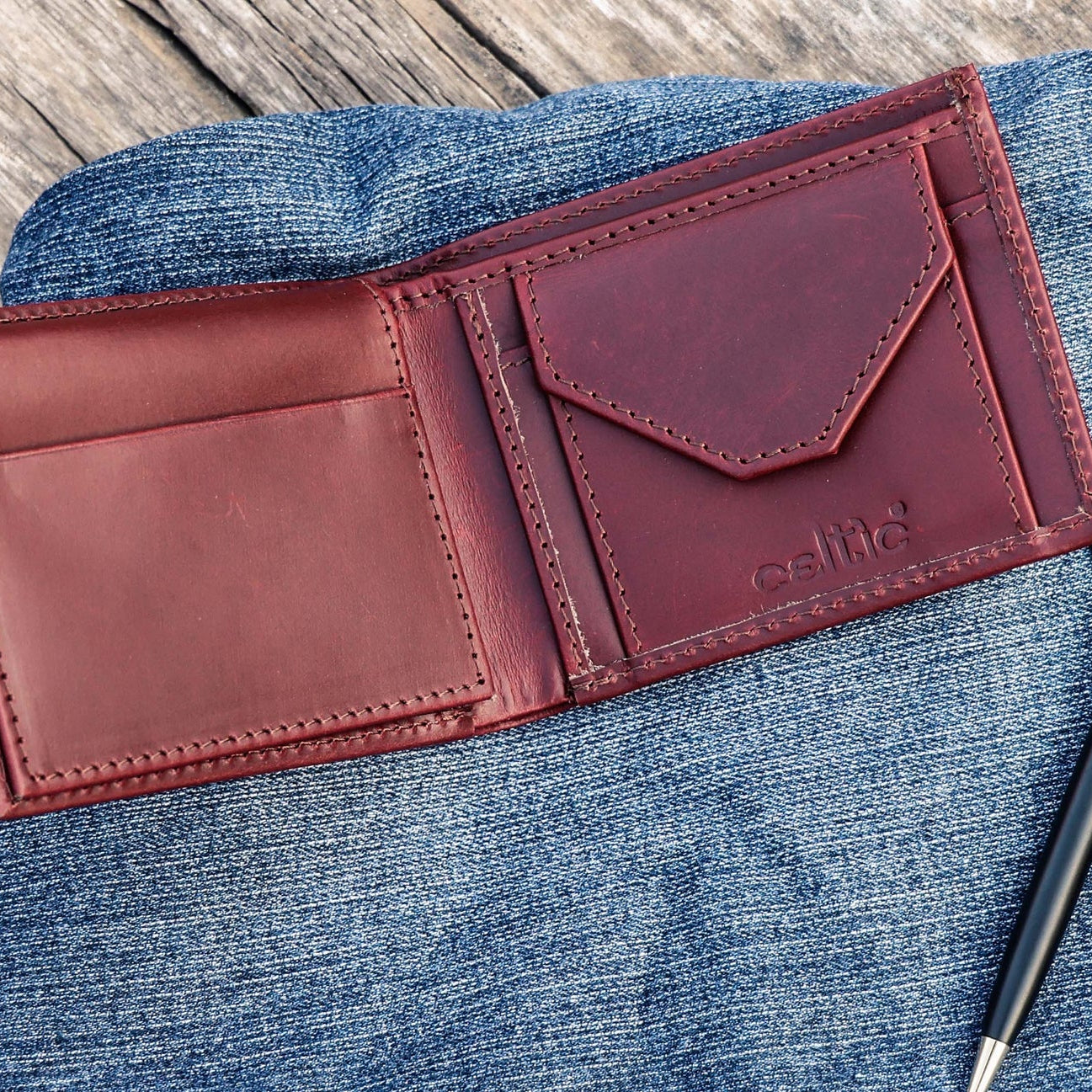 Celtic Classic Burgundy Genuine Leather Bi-Fold Wallet with Coin Pocket | Premium Men’s Wallet