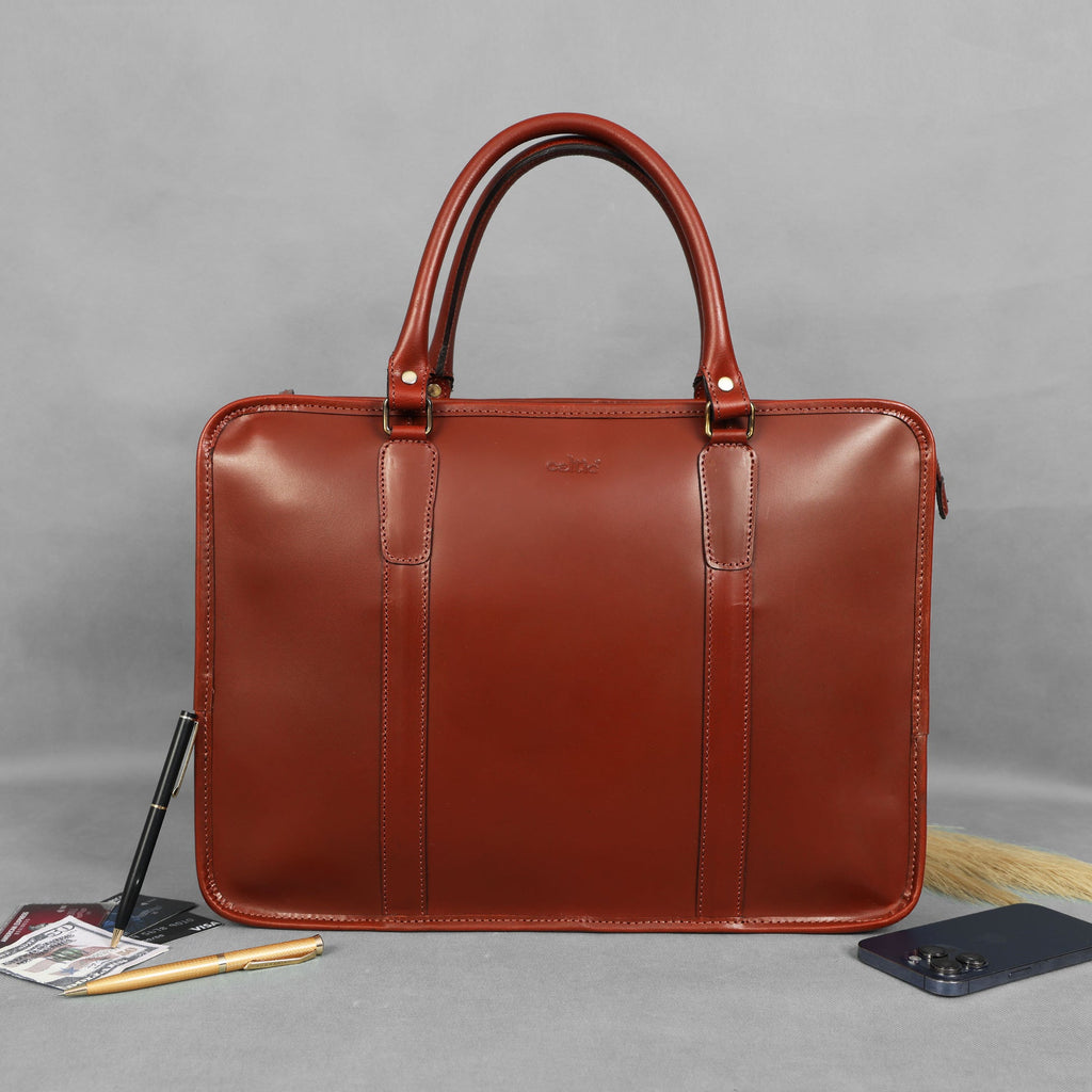 Premium Full-Grain Leather Laptop Briefcase with Zip Closure & Detachable Shoulder Strap