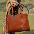 Premium Leather Tote with Floral Embossing, Top Handles, Zip Closure