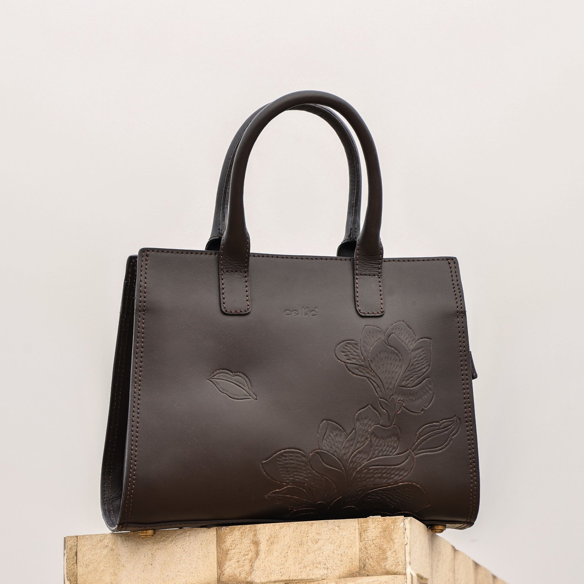 Premium Leather Tote with Floral Embossing, Top Handles, Zip Closure