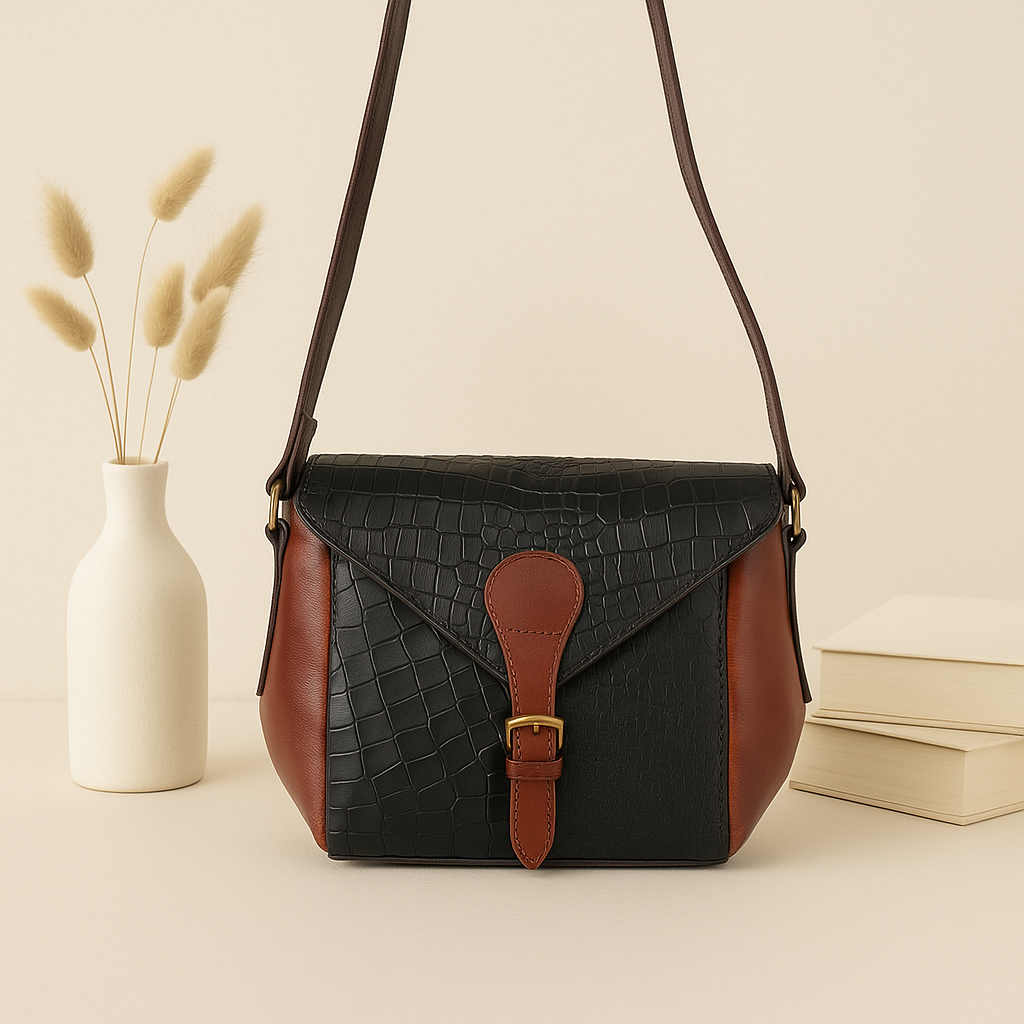 Women Leather Crossbody Sling Bag Black and Brown Croc Texture with Buckle Tab
