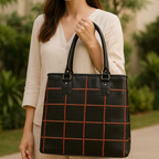 Women's Black Leather Tote Bag with Orange Stitch Grid and Spacious Interior