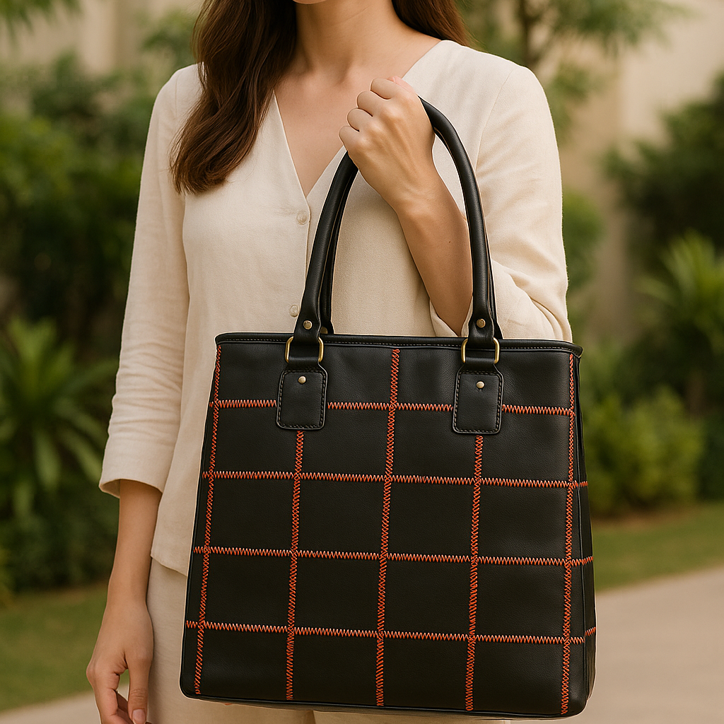Women's Black Leather Tote Bag with Orange Stitch Grid and Spacious Interior