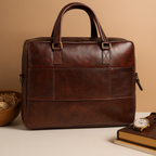 Premium Full Grain Leather Office Briefcase Laptop Bag with Zipper & Shoulder Strap