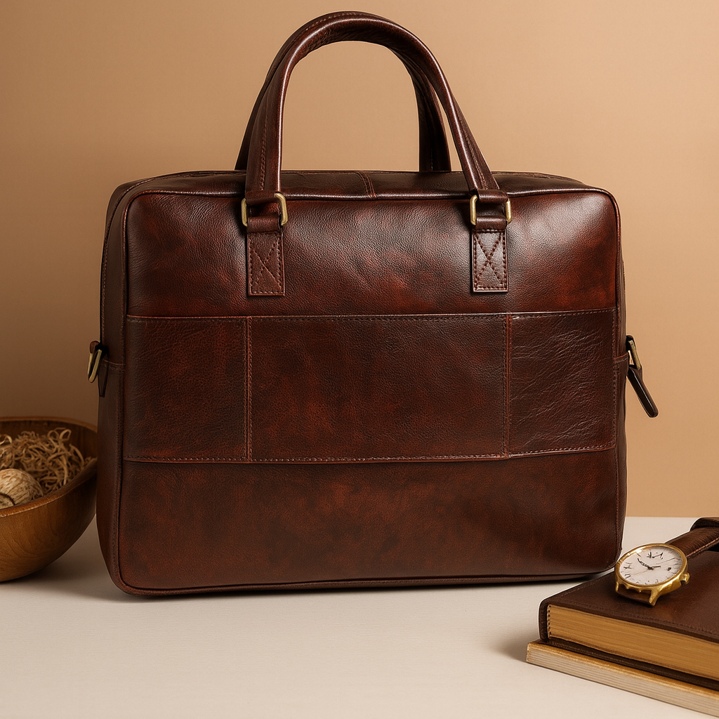 Premium Full Grain Leather Office Briefcase Laptop Bag with Zipper & Shoulder Strap