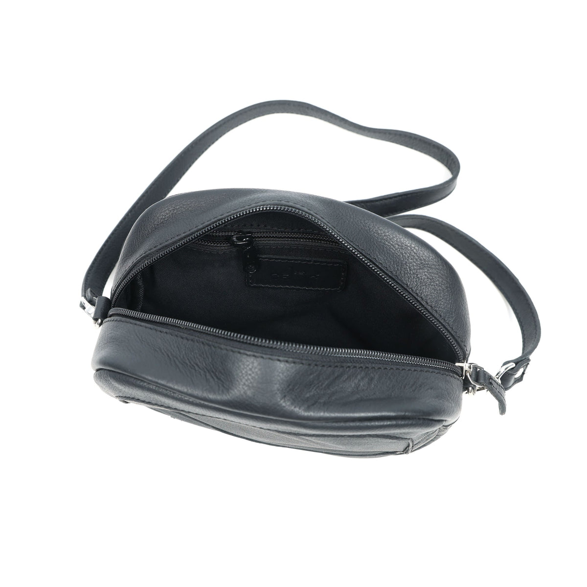 Premium Black Leather Compact Crossbody Bag with Adjustable Strap & Zip Compartments