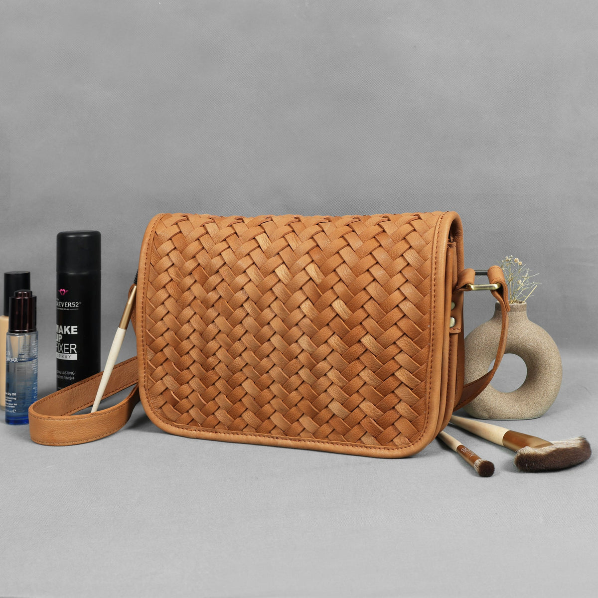 Premium Handwoven Leather Crossbody Bag with Zip Closure & Adjustable Strap