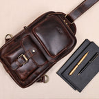 Premium Genuine Leather Crossbody Sling Bag with Multiple Zip Pockets & Adjustable Strap
