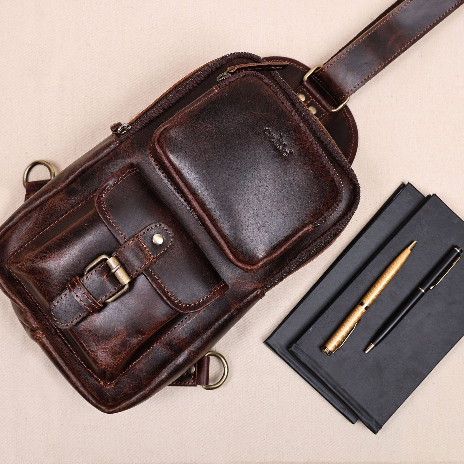 Premium Genuine Leather Crossbody Sling Bag with Multiple Zip Pockets & Adjustable Strap