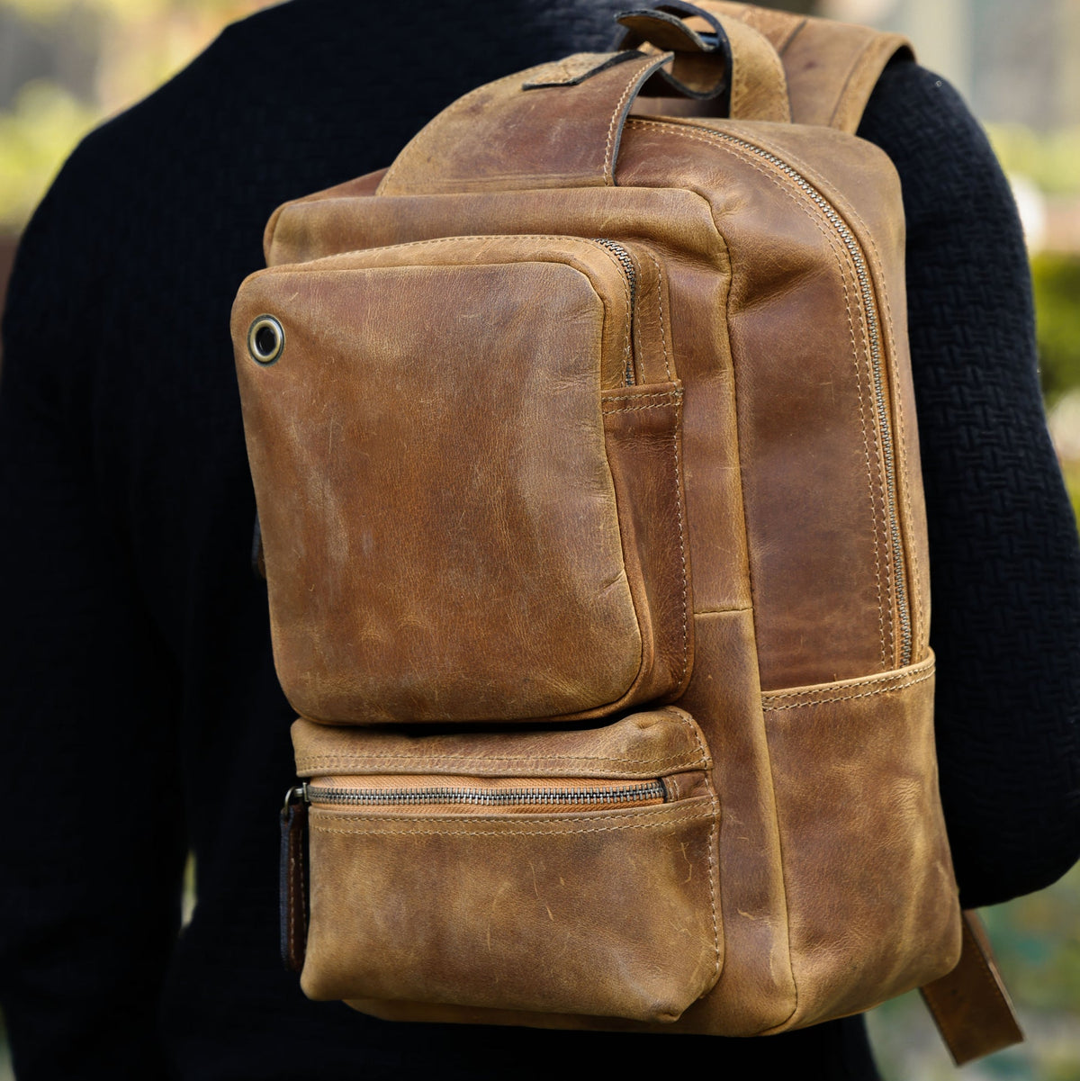 Premium Full Grain Leather Crossbody Bag with Multiple Zip Pockets & Fixed Strap