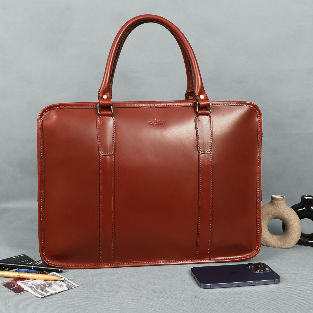 Premium Full-Grain Leather Laptop Briefcase with Zip Closure & Detachable Shoulder Strap