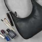 Premium Black Leather Shoulder Bag with Adjustable Strap & Secure Zip Pockets