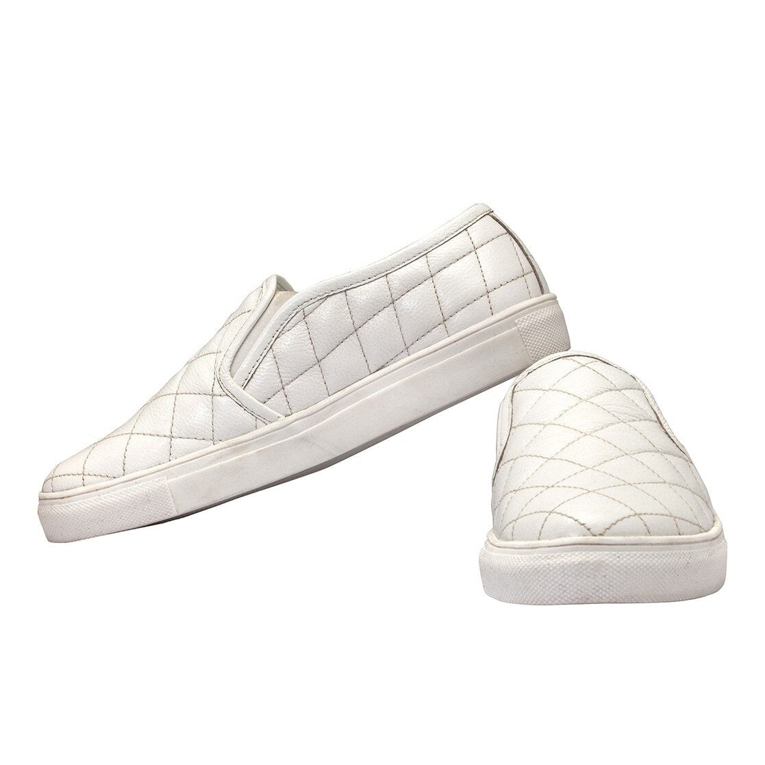 Men's Quilted Genuine Leather Slip-On Sneakers  White Casual Comfort Shoes