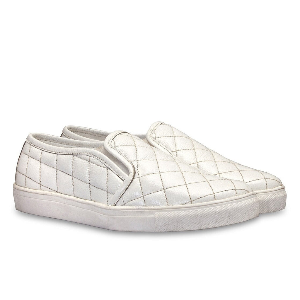 Men's Quilted Genuine Leather Slip-On Sneakers  White Casual Comfort Shoes