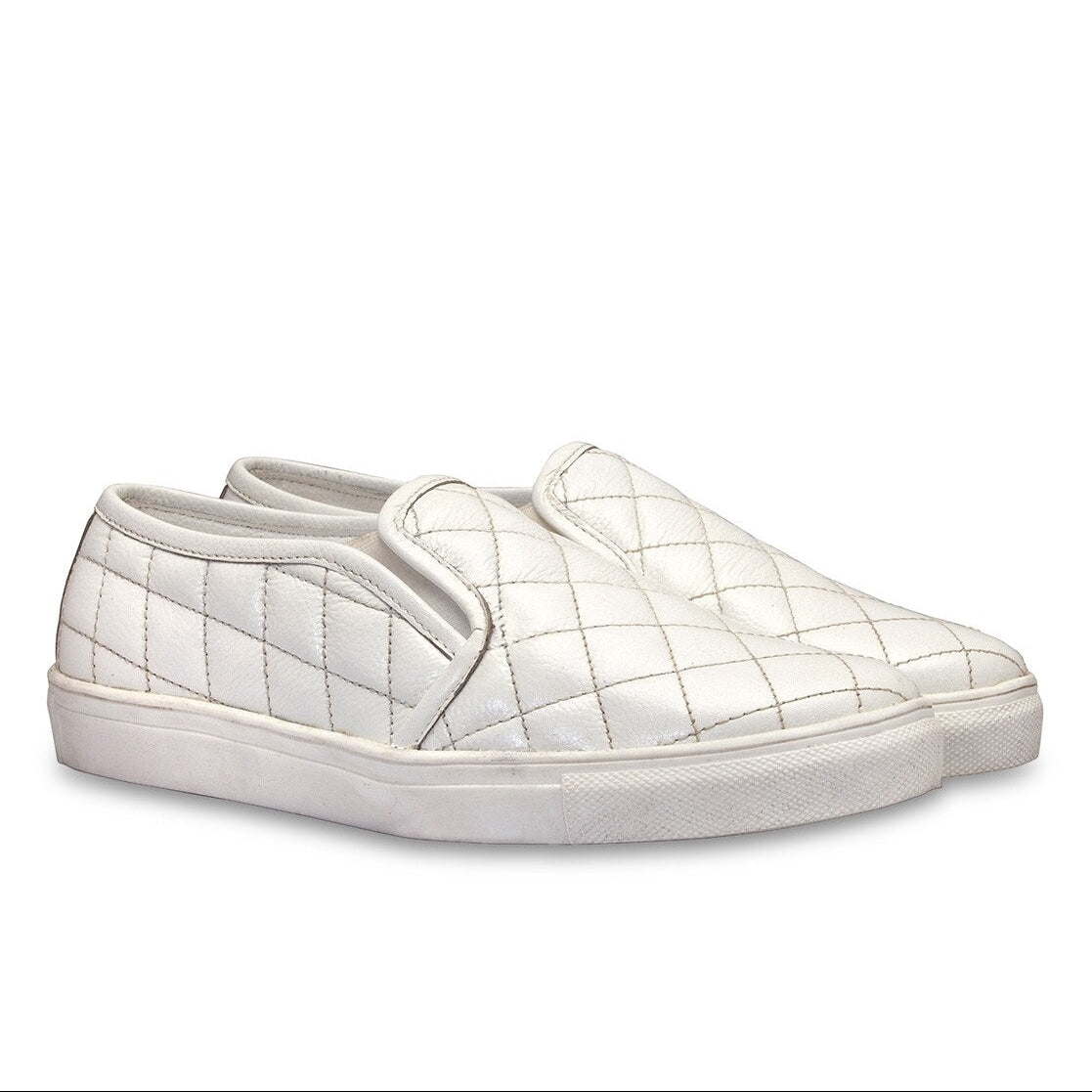 Men's Quilted Genuine Leather Slip-On Sneakers  White Casual Comfort Shoes