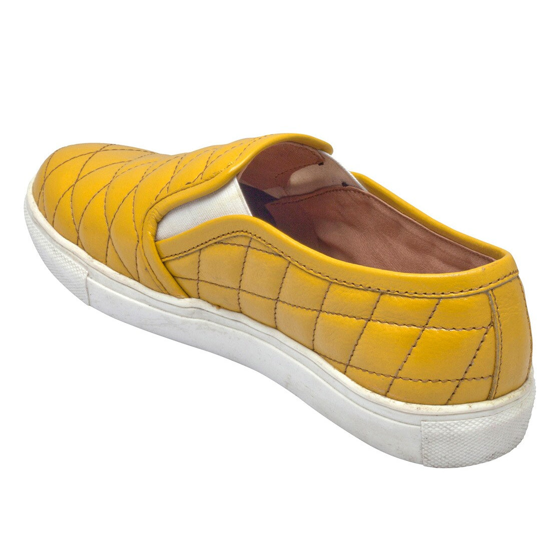 Mens Quilted Genuine Leather Slip-On Sneakers  Mustard Yellow Casual Shoes