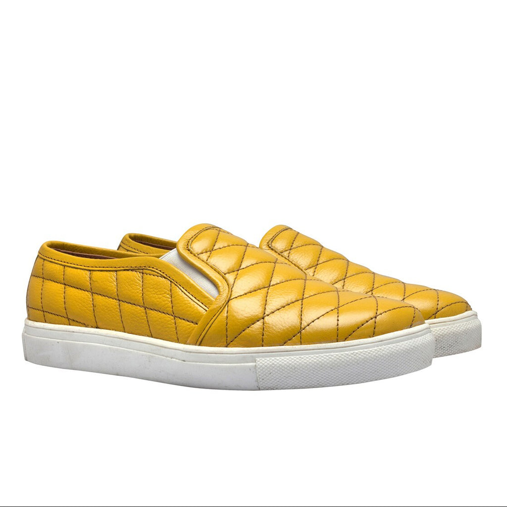 Mens Quilted Genuine Leather Slip-On Sneakers  Mustard Yellow Casual Shoes