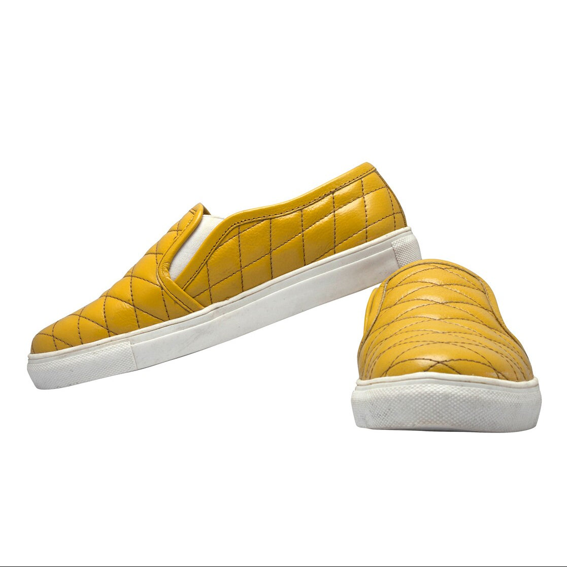 Mens Quilted Genuine Leather Slip-On Sneakers  Mustard Yellow Casual Shoes