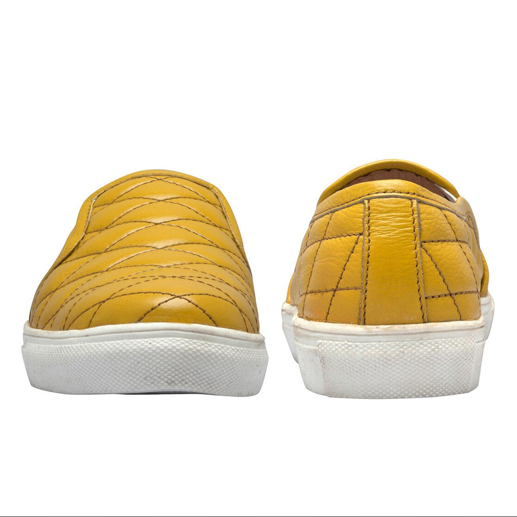 Mens Quilted Genuine Leather Slip-On Sneakers  Mustard Yellow Casual Shoes