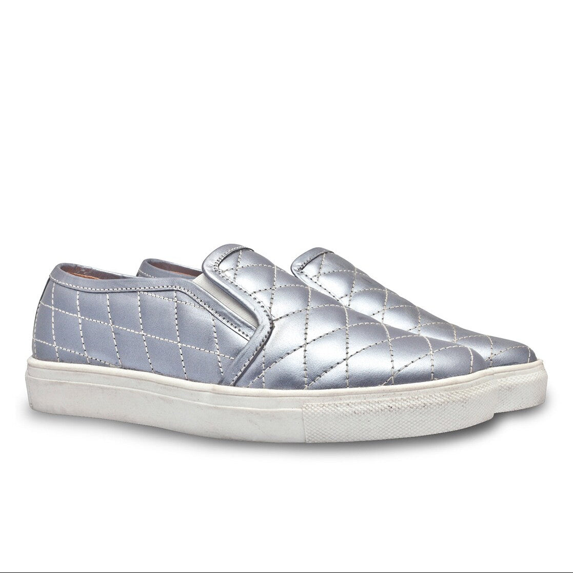 Mens Quilted Genuine Leather Slip-On Sneakers  Metallic Silver Casual Shoes