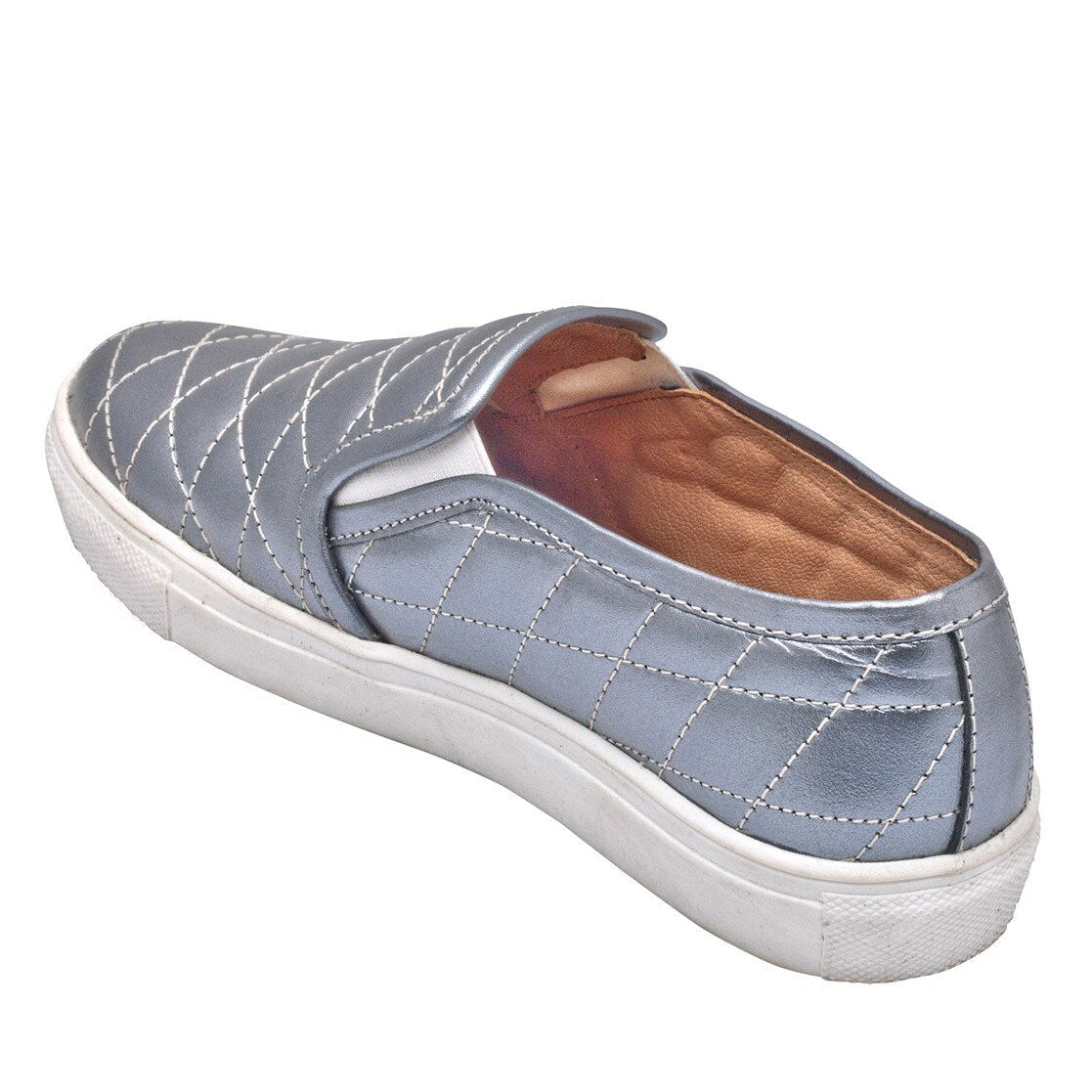 Mens Quilted Genuine Leather Slip-On Sneakers  Metallic Silver Casual Shoes