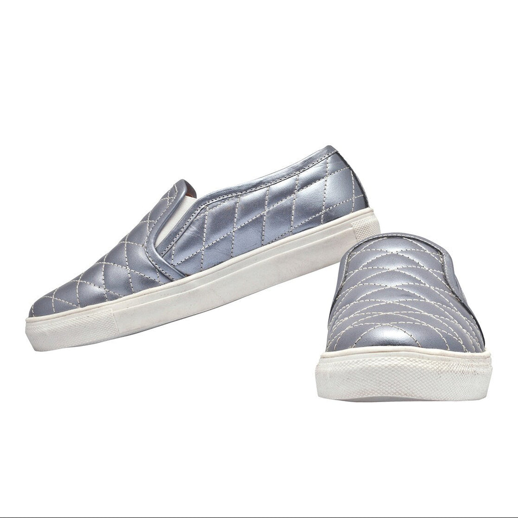 Mens Quilted Genuine Leather Slip-On Sneakers  Metallic Silver Casual Shoes