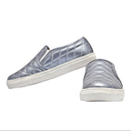 Mens Quilted Genuine Leather Slip-On Sneakers  Metallic Silver Casual Shoes