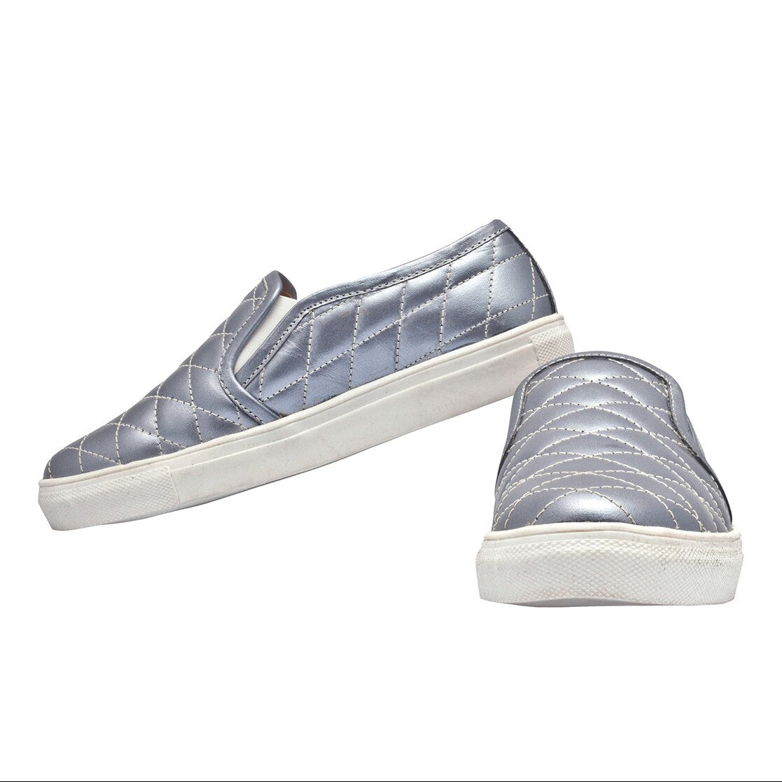 Mens Quilted Genuine Leather Slip-On Sneakers  Metallic Silver Casual Shoes