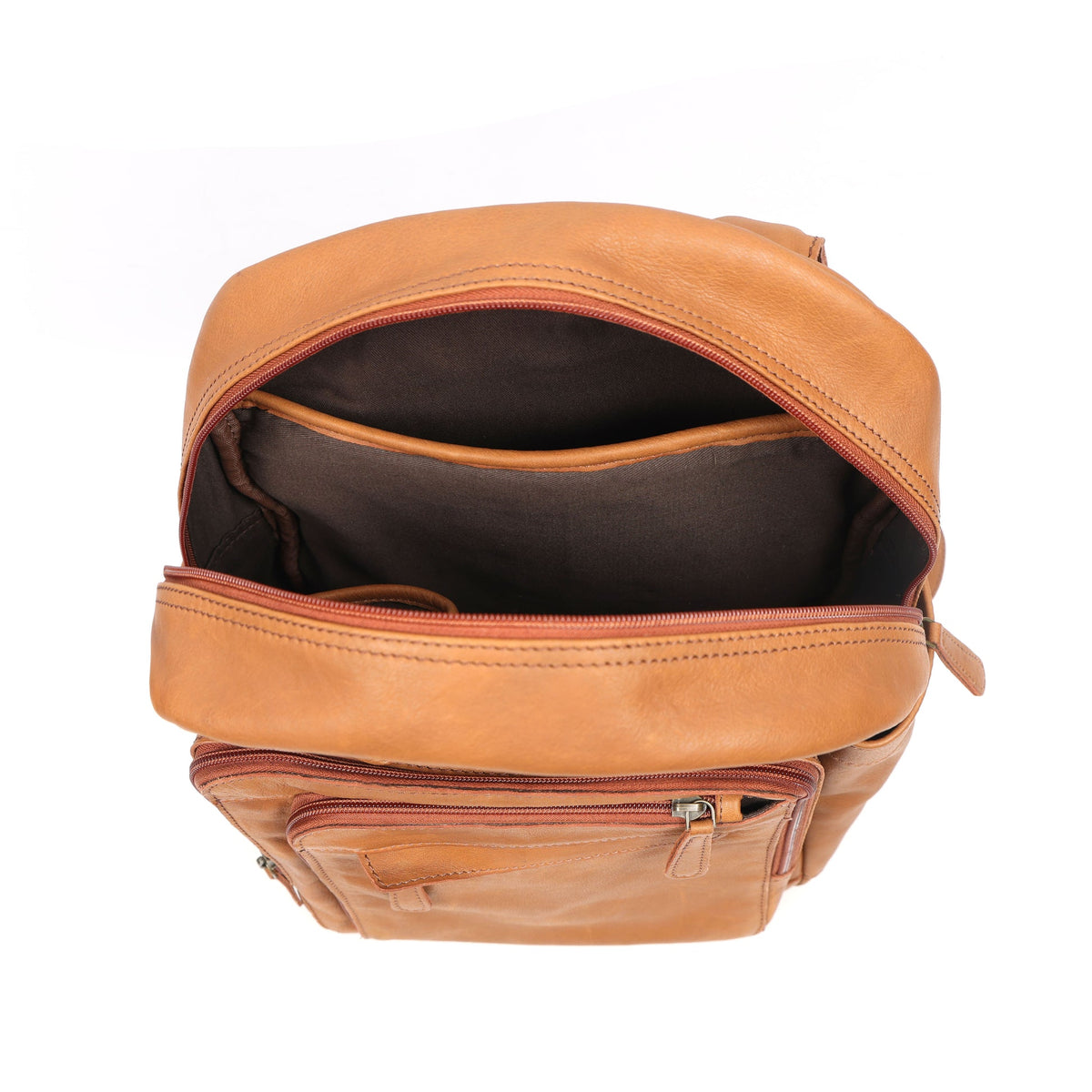 Premium Quality Tan Leather Backpack with Multi Zip Pockets & Adjustable Straps