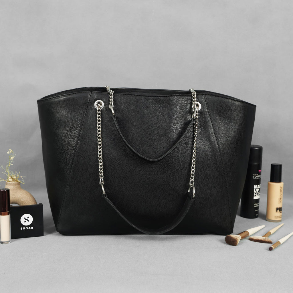 Premium Export Quality Black Leather Tote Bag with Chain Handles & Zip Closure