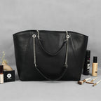 Premium Export Quality Black Leather Tote Bag with Chain Handles & Zip Closure