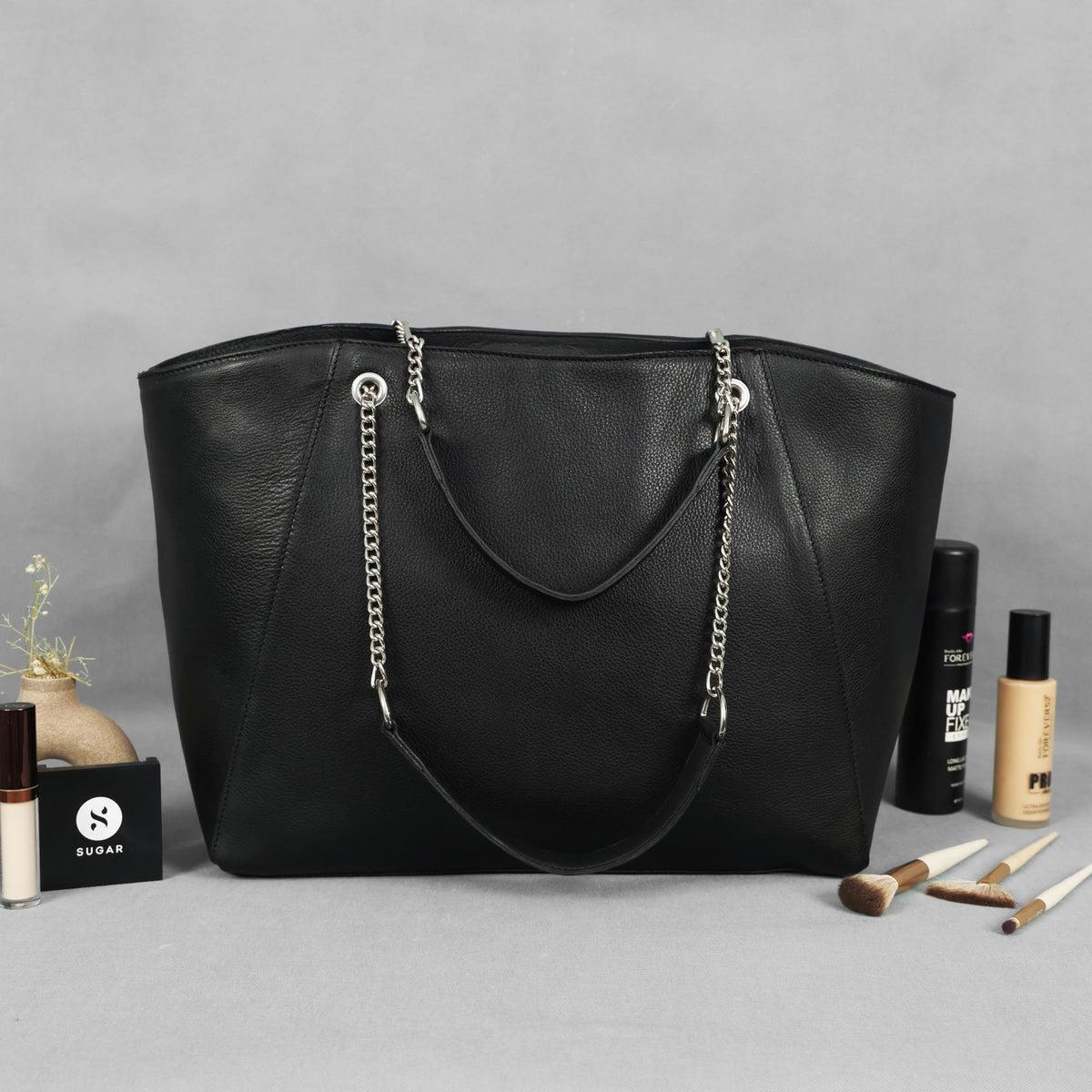 Premium Export Quality Black Leather Tote Bag with Chain Handles & Zip Closure