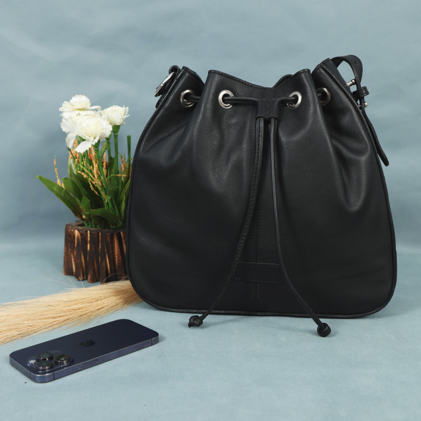 Genuine Leather Drawstring Shoulder Bag | Spacious Tote with Secure Closure