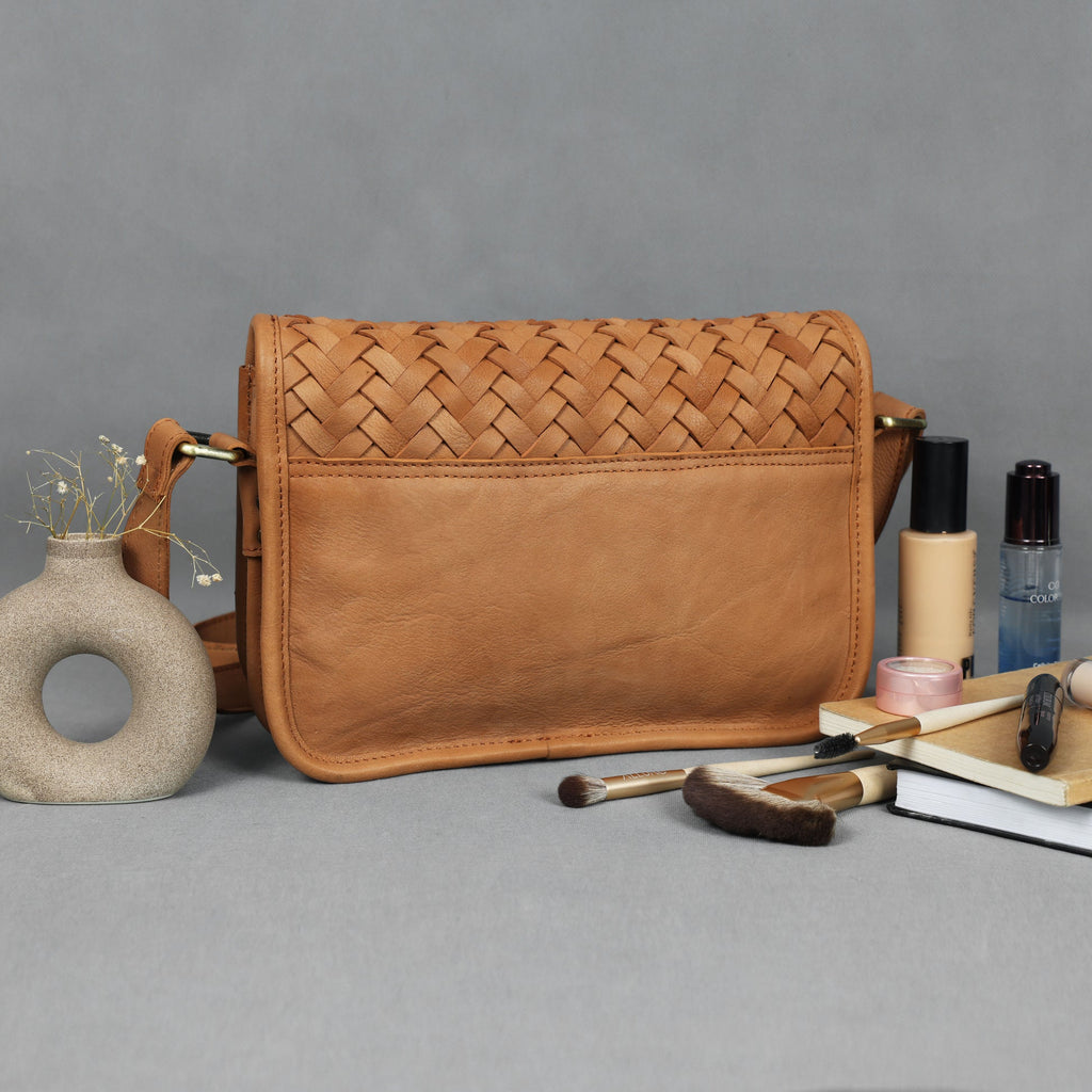 Premium Handwoven Leather Crossbody Bag with Zip Closure & Adjustable Strap