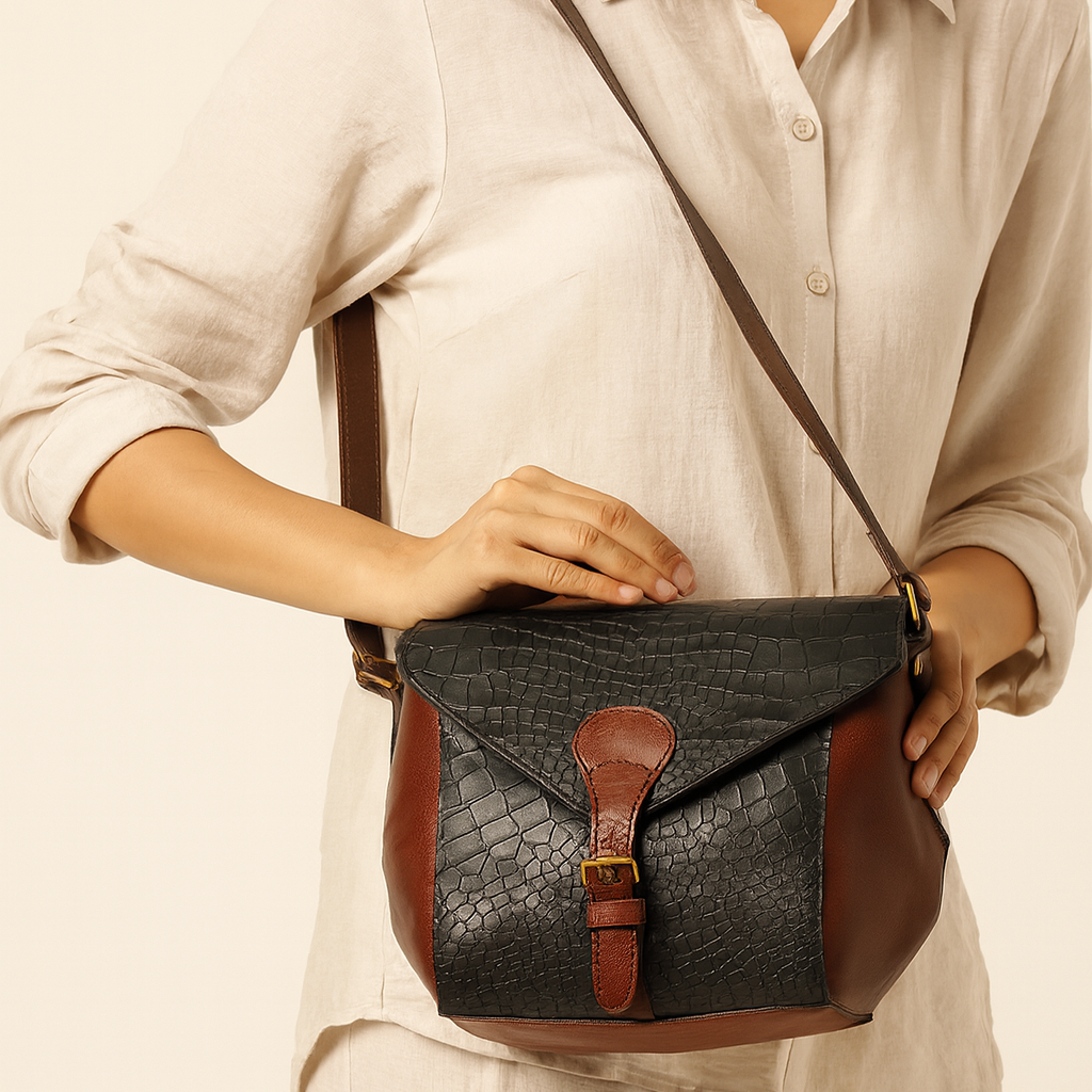 Women Leather Crossbody Sling Bag Black and Brown Croc Texture with Buckle Tab