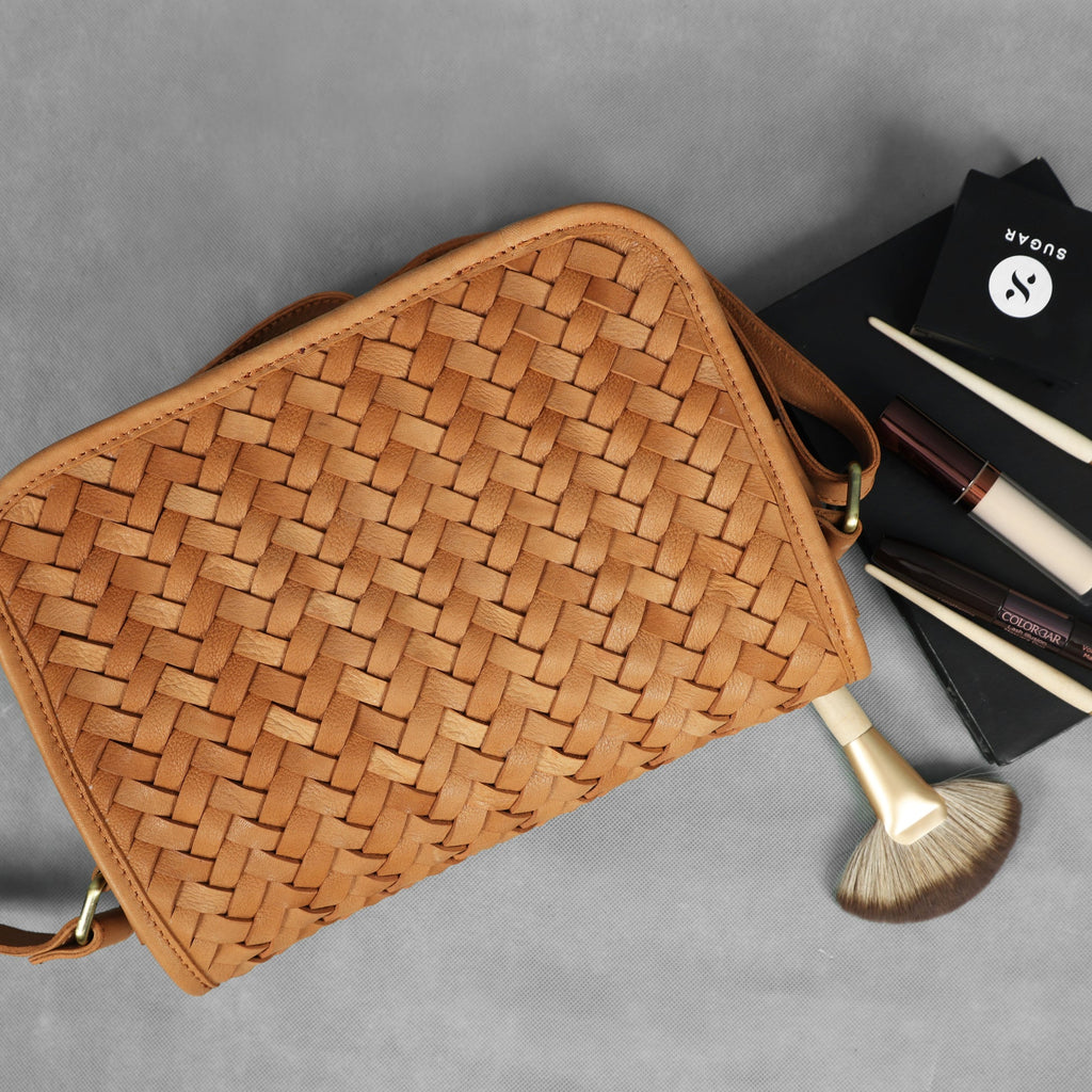 Premium Handwoven Leather Crossbody Bag with Zip Closure & Adjustable Strap