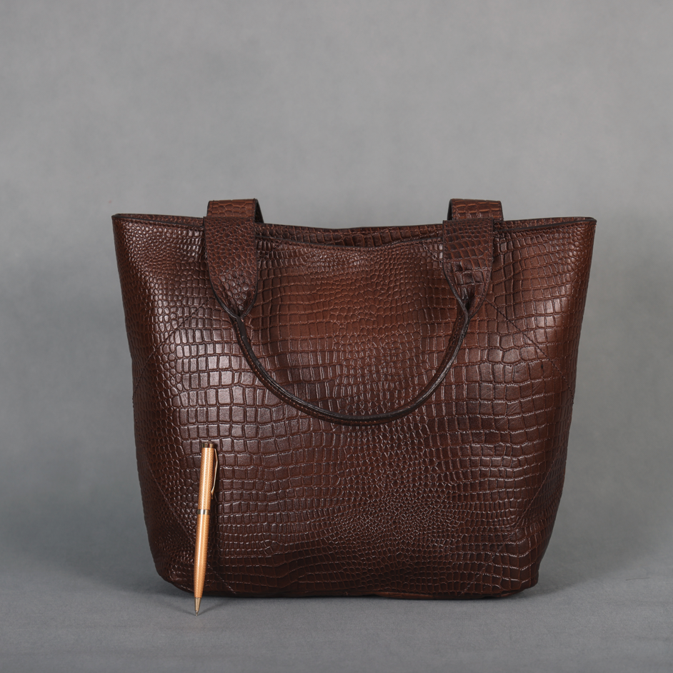 Croc-Texture Leather Tote Bag with Spacious Interior and Dual Shoulder Handles