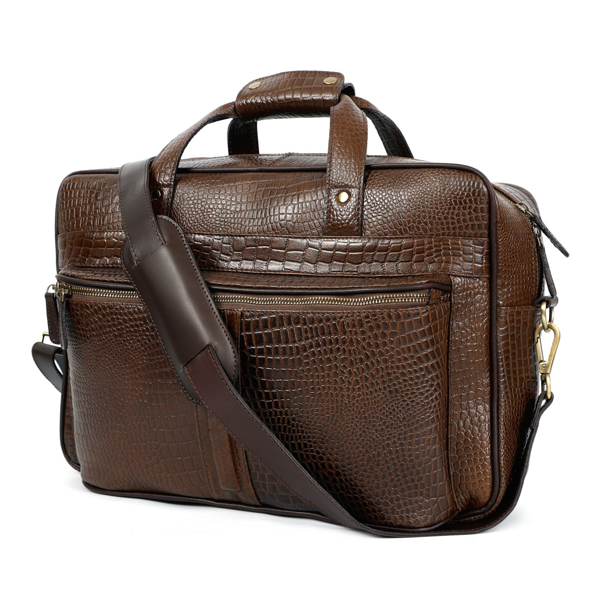 Premium Croc-Embossed Leather Office Laptop Bag with Multiple Zip Pockets & Strap