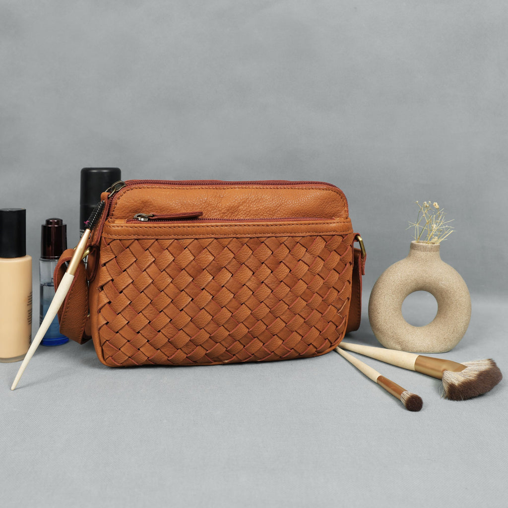 Premium Handwoven Leather Crossbody Bag with Adjustable Strap & Zip Compartments
