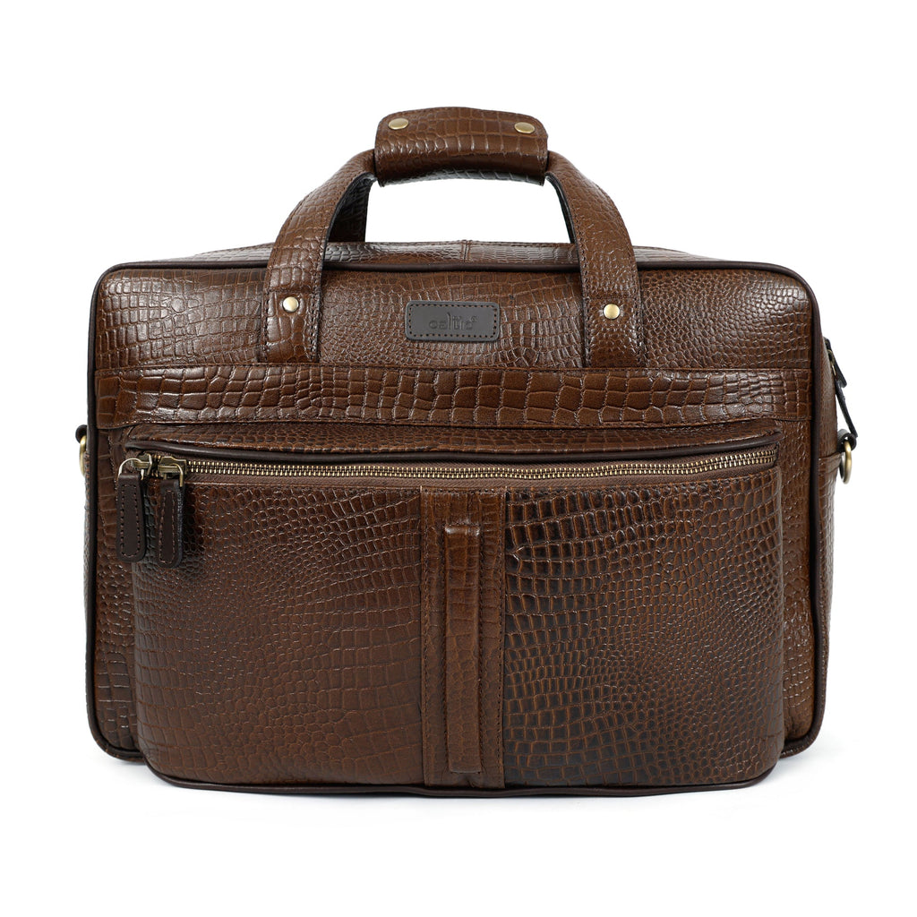 Premium Croc-Embossed Leather Office Laptop Bag with Multiple Zip Pockets & Strap