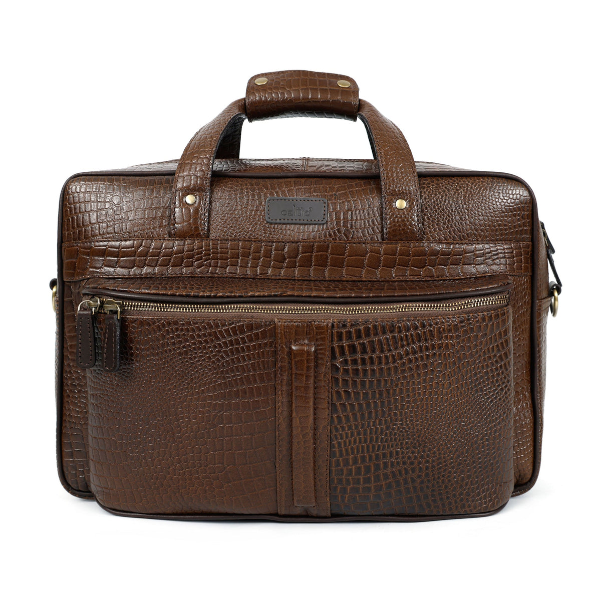 Premium Croc-Embossed Leather Office Laptop Bag with Multiple Zip Pockets & Strap