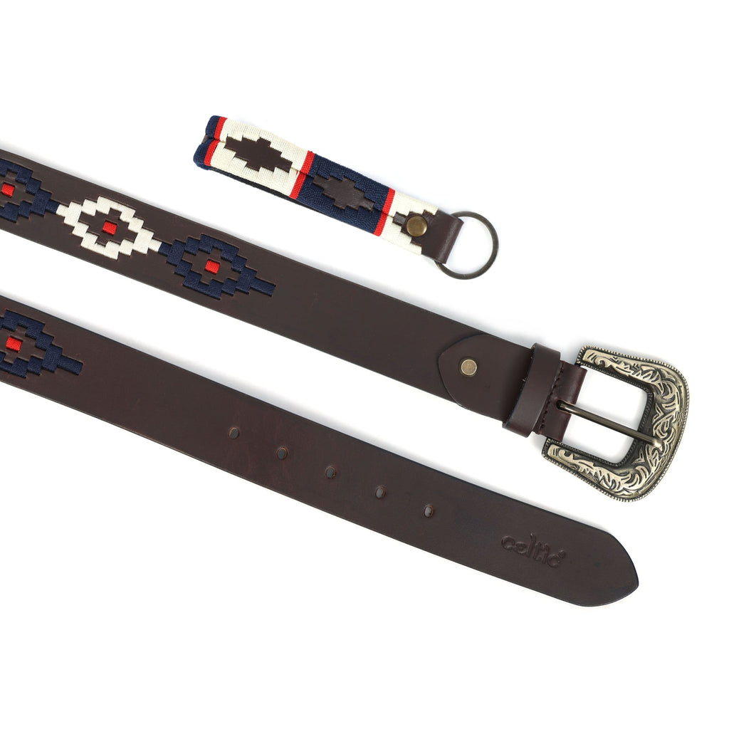 Unisex Handcrafted Ethnic Leather Belt With Geometric Fabric Inlay And Antique Metal Buckle