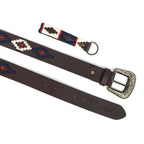 Unisex Handcrafted Ethnic Leather Belt With Geometric Fabric Inlay And Antique Metal Buckle