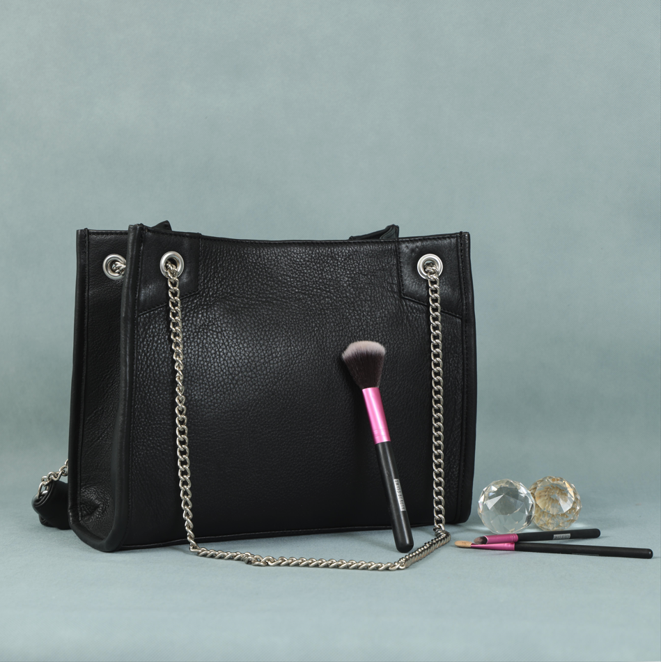 Premium Leather Chain Handle Tote Bag with Zipper Closure